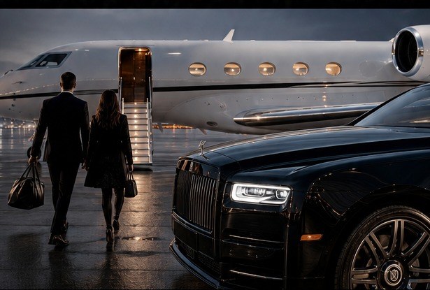 Private jet arrival with executive vehicle